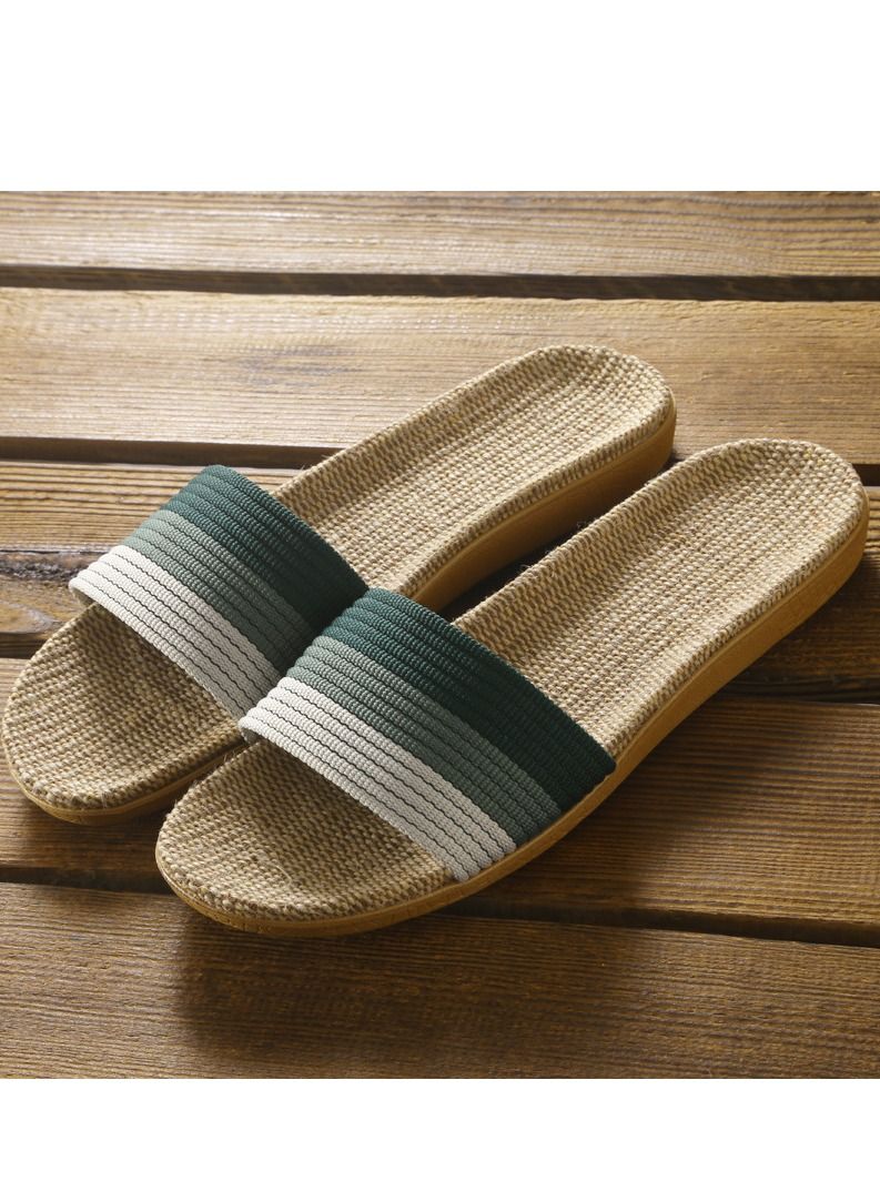 Loquat Flax Slippers Linen Slippers No Slip Indoor Slippers Open Toe Green And White Stripes 
