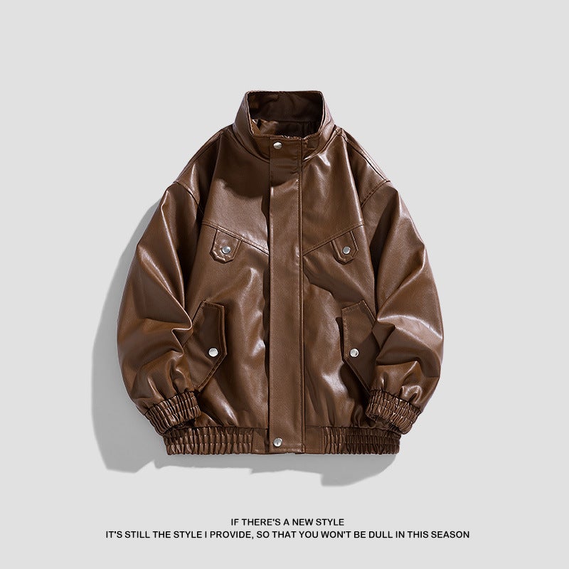 Autumn New Men'S Casual All-Match Couple'S Leather Clothing Handsome Trendy Motorcycle Style Loose Jacket Retro Fashion Jacket - Image 2