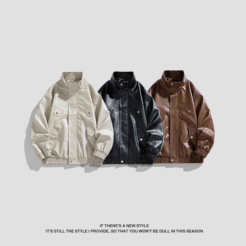 Autumn New Men'S Casual All-Match Couple'S Leather Clothing Handsome Trendy Motorcycle Style Loose Jacket Retro Fashion Jacket - Image 5