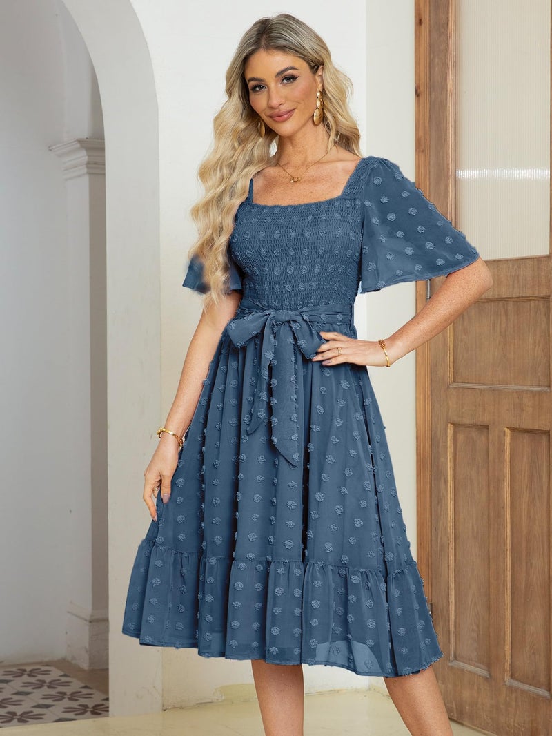 Amegoya Women's Summer Boho Wedding Guest Midi Dress Casual Short Sleeve Square Neck Swiss Dot Smocked Flowy Maxi Dress (Navy Blue XL) - Image 5