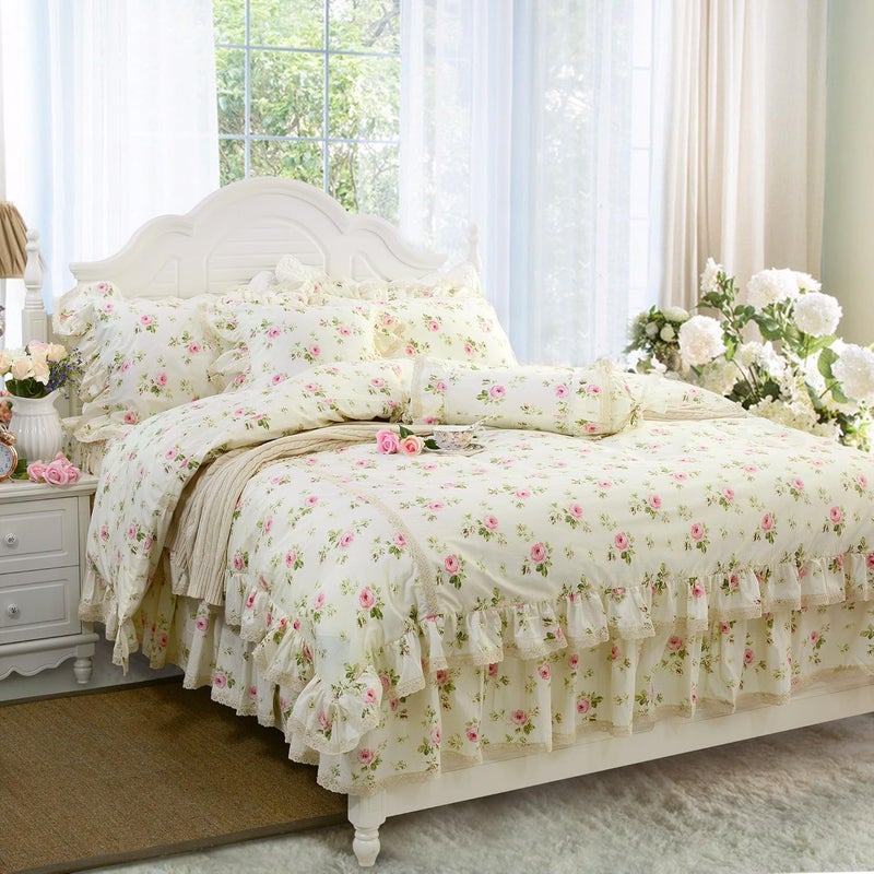 FADFAY Rosette Floral Print Duvet Cover Set Princess Lace Ruffle Bedding Set for Girls 3 Pieces Full Size - Image 1