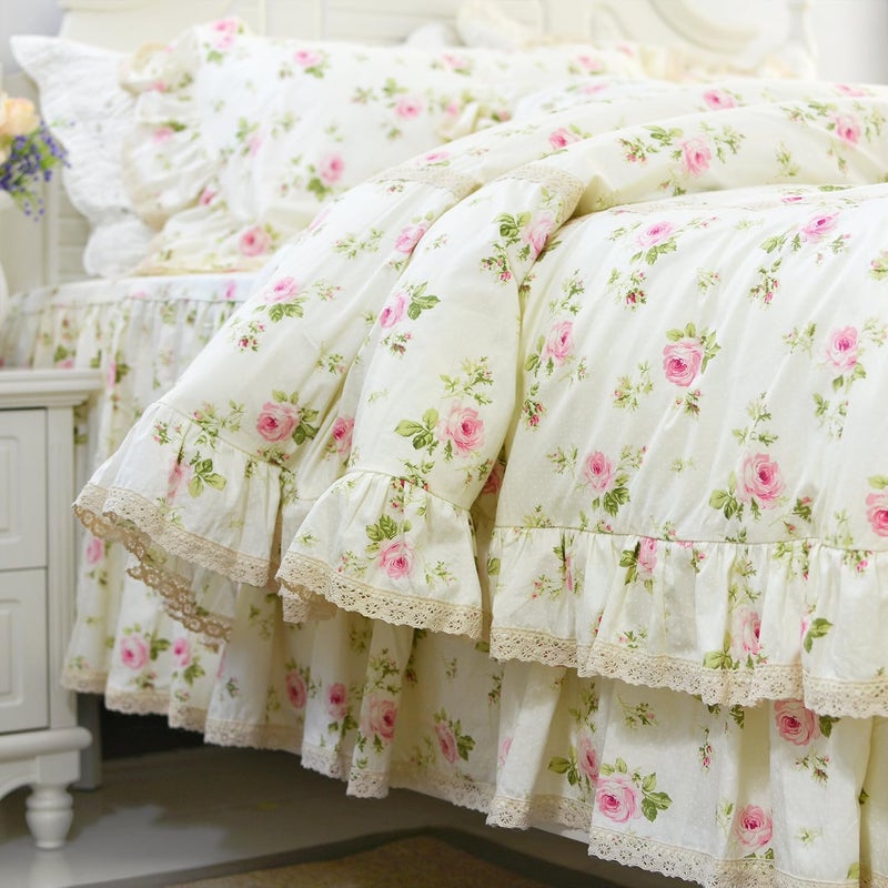 FADFAY Rosette Floral Print Duvet Cover Set Princess Lace Ruffle Bedding Set for Girls 3 Pieces Full Size - Image 2