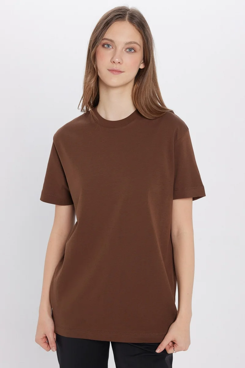 تودورس Relax Fit Comfortable Cut Cotton Soft Textured Basic Crew Neck Brown T-Shirt