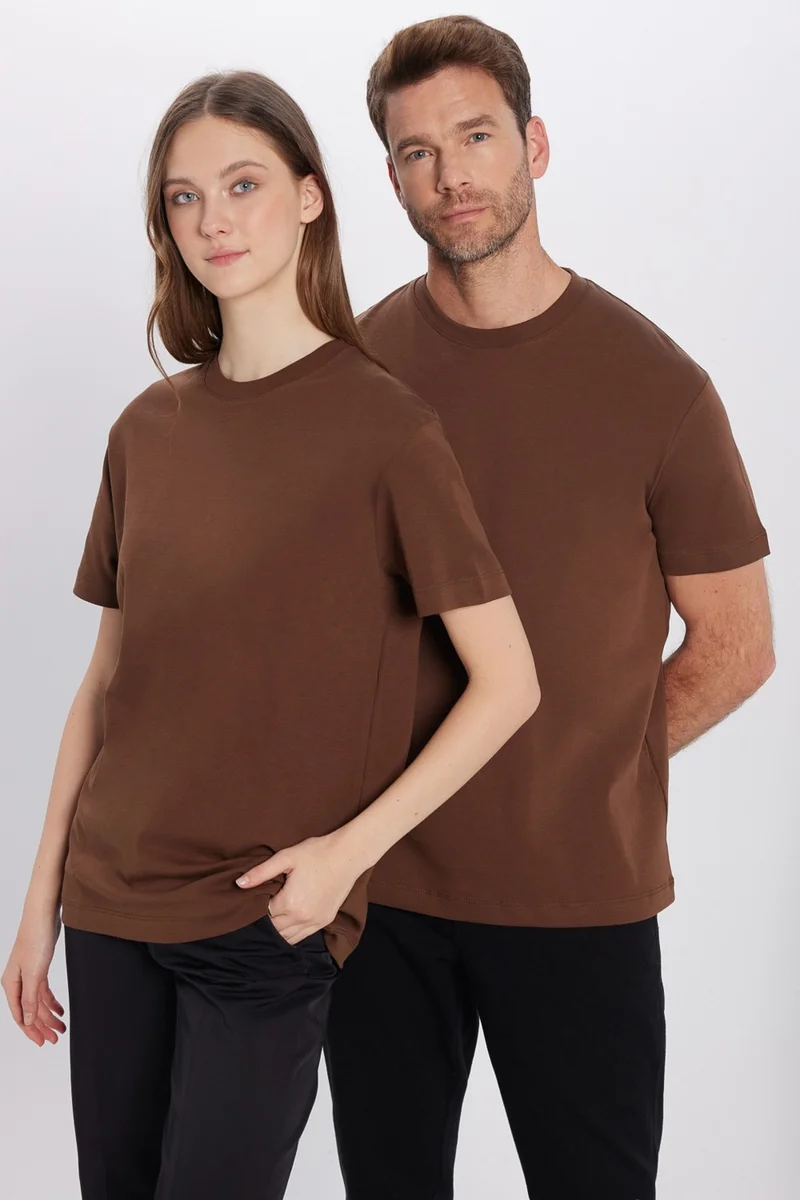 تودورس Relax Fit Comfortable Cut Cotton Soft Textured Basic Crew Neck Brown T-Shirt