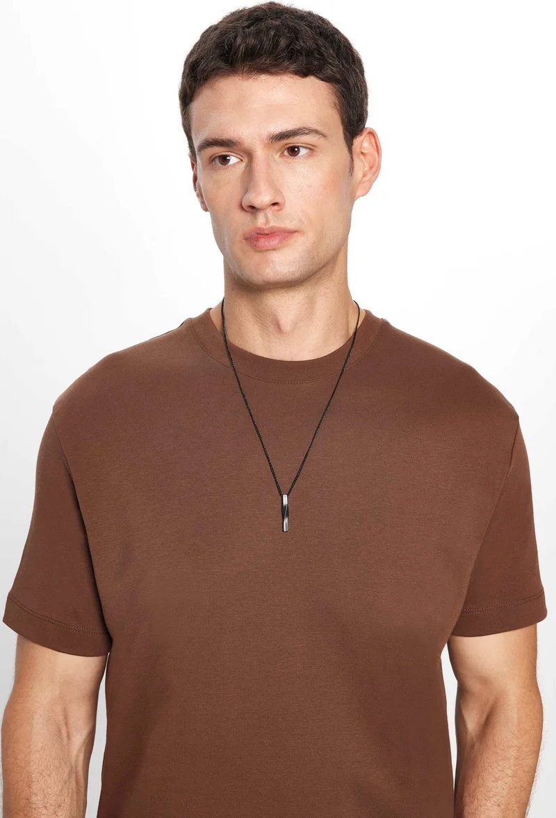تودورس Relax Fit Comfortable Cut Cotton Soft Textured Basic Crew Neck Brown T-Shirt