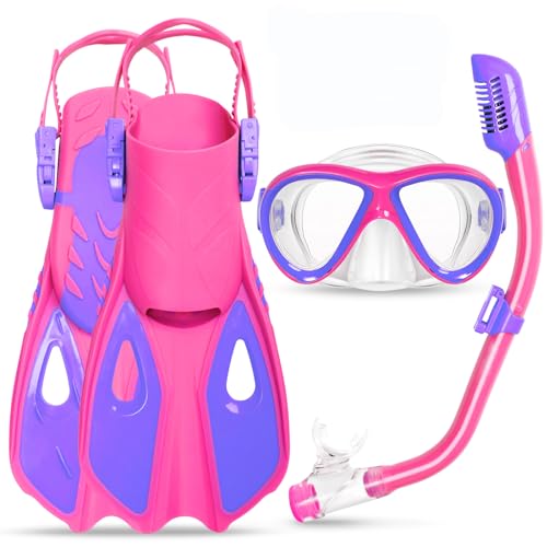 ACQCES Snorkeling Gear for Kids Ages 5-15, 4 in 1 Mask Fins Snorkel Set with HD Tempered Glass Panoramic View Anti-Fog Mask, Dry Top Snorkel, Adjustable Trek Fins, and Mesh Bag, Kids Snorkel Set for Youth - Image 1