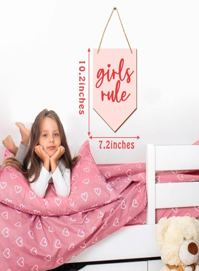 THEYGE Girls Rule Wooden Hanging Sign Pink Girl Nursery Wall Decor Wood Flag-Shaped Pennant Girly Plaque Wall Art Door Hanger for Toddler Bedroom Playroom Girls Room Decor - Image 4