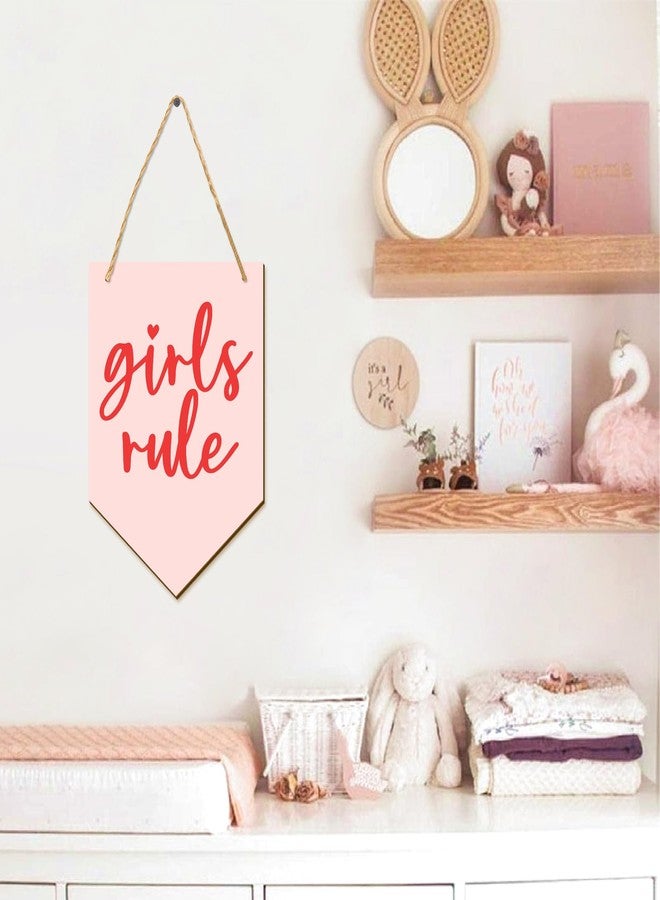THEYGE Girls Rule Wooden Hanging Sign Pink Girl Nursery Wall Decor Wood Flag-Shaped Pennant Girly Plaque Wall Art Door Hanger for Toddler Bedroom Playroom Girls Room Decor - Image 1