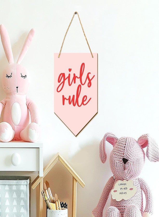 THEYGE Girls Rule Wooden Hanging Sign Pink Girl Nursery Wall Decor Wood Flag-Shaped Pennant Girly Plaque Wall Art Door Hanger for Toddler Bedroom Playroom Girls Room Decor - Image 2