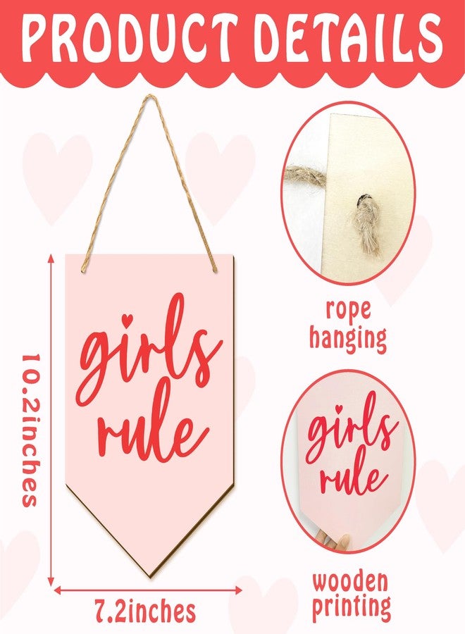 THEYGE Girls Rule Wooden Hanging Sign Pink Girl Nursery Wall Decor Wood Flag-Shaped Pennant Girly Plaque Wall Art Door Hanger for Toddler Bedroom Playroom Girls Room Decor - Image 3