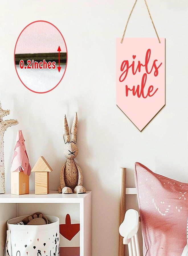 THEYGE Girls Rule Wooden Hanging Sign Pink Girl Nursery Wall Decor Wood Flag-Shaped Pennant Girly Plaque Wall Art Door Hanger for Toddler Bedroom Playroom Girls Room Decor - Image 5