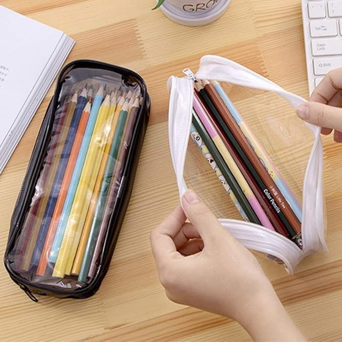 YLmeet حقيبة أقلام شفافة من PVC، أبيض وأسود، 20x8.5x3.5 سم، حقيبة بسحاب شفافة لتخزين الأدوات المدرسية والامتحانات والسفر ومستحضرات التجميل - Image 4