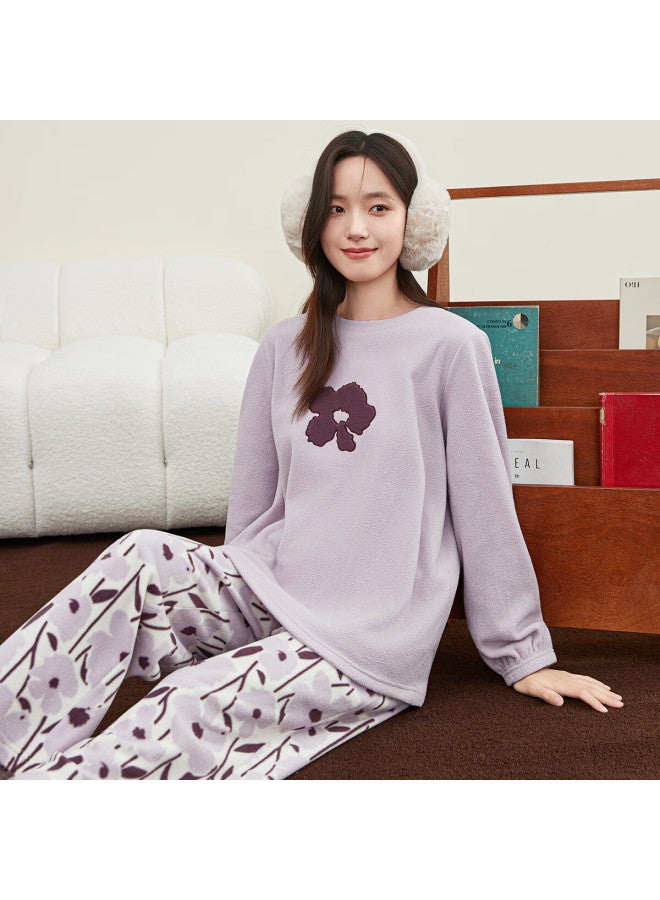 Dingguagua Women's Autumn Winter Fleece Printed Pajama Set Floral Purple Contrast 170
