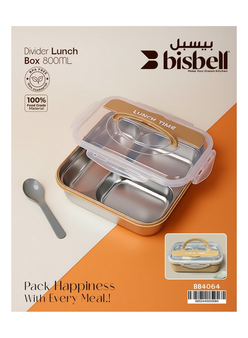 Bisbell Stainless Steel Bento Box 800ml, 2-Compartment Leakproof Tiffin, BPA-Free Lunch Container - Image 2