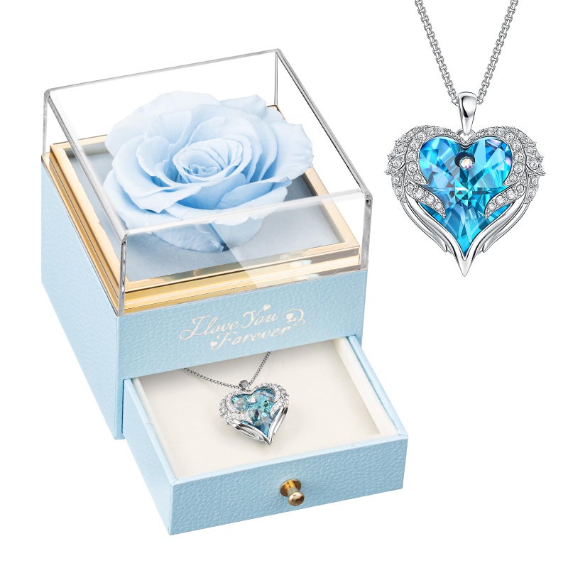 NEWNOVE NEWNOVE Preserved Real Light Blue Rose with Angle Wings Necklace Anniversary Birthday Gifts for Women Wife Girlfriend Mom Gift Ideas for Christmas Mothers Day Valentines Day I Love You Gifts for Her 