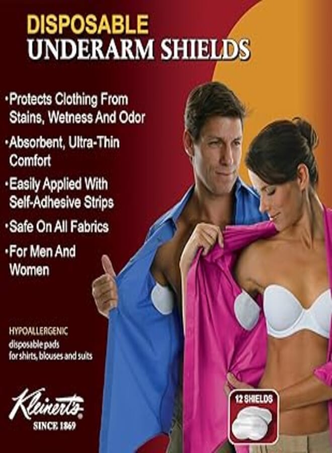 Kleinert's Kleinert’s Disposable Peel & Stick Absorbent Underarm Pads. 12 Pads (6 Pair) Style # MW-4900. Measures 5" W x 5 3/4" L. Discreet, Comfortable, Sweat Free, Odor Blocker, Peel and Stick Dress Shields 