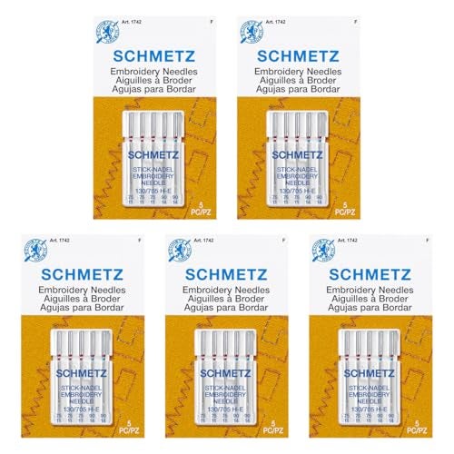 SCHMETZ Embroidery Sewing Machine Needles - Precision Needles, Assorted Sizes, 5- Needle Cards, Pack of 5 - Image 1