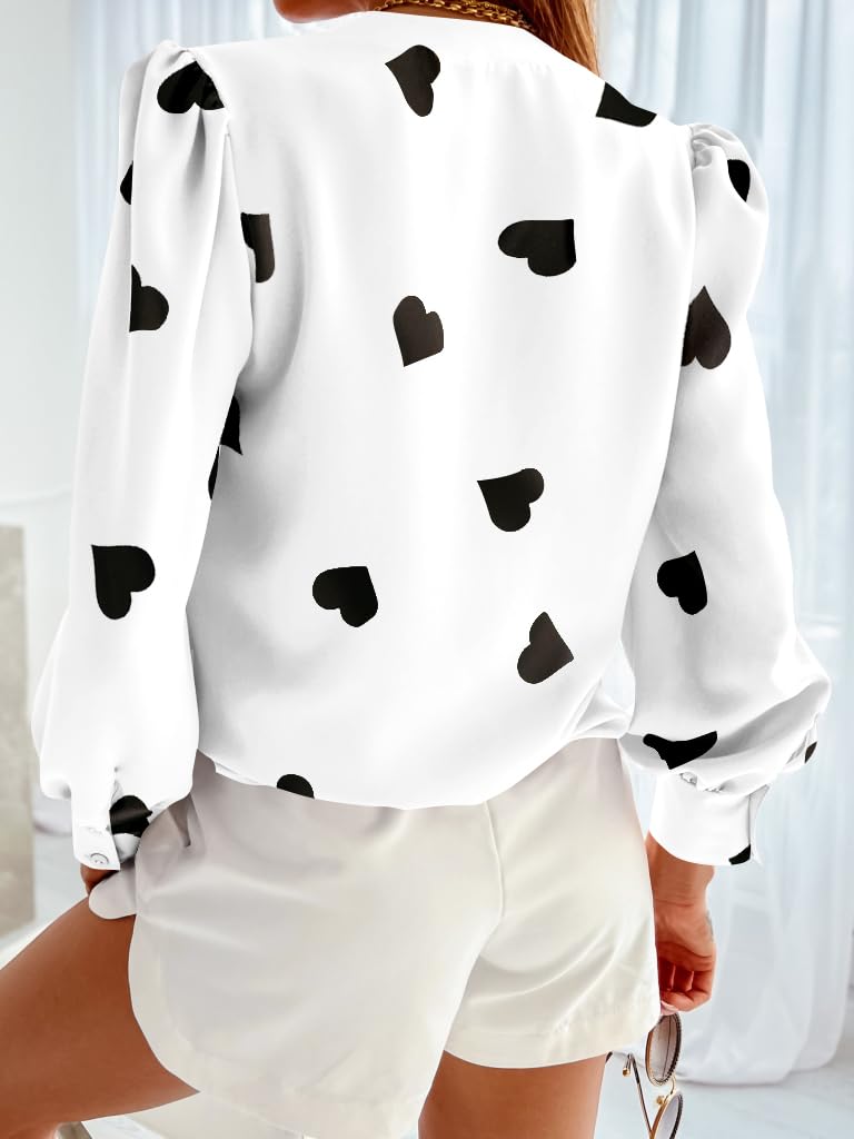 Flowyair Women's V Neck Shirts Button Down Long Sleeve Heart Print Casual Work Blouses X-White - Image 2