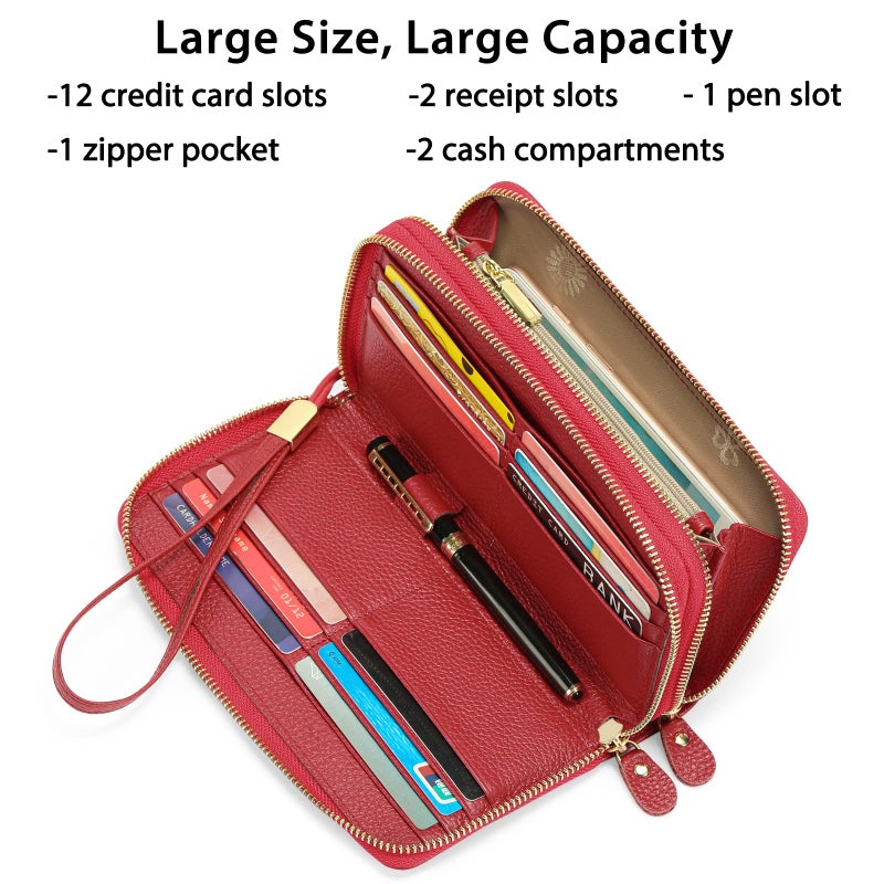 SENDEFN Leather Women Wallet RFID Blocking Zipper Around Phone Holder Clutch Wristlet Large Capacity - Image 2