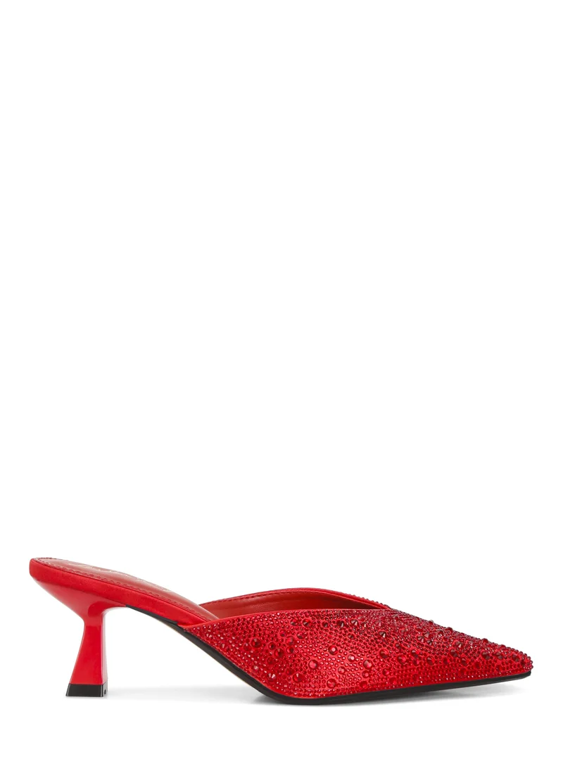 London Rag Rhinestones Embellished Satin Mules in Red