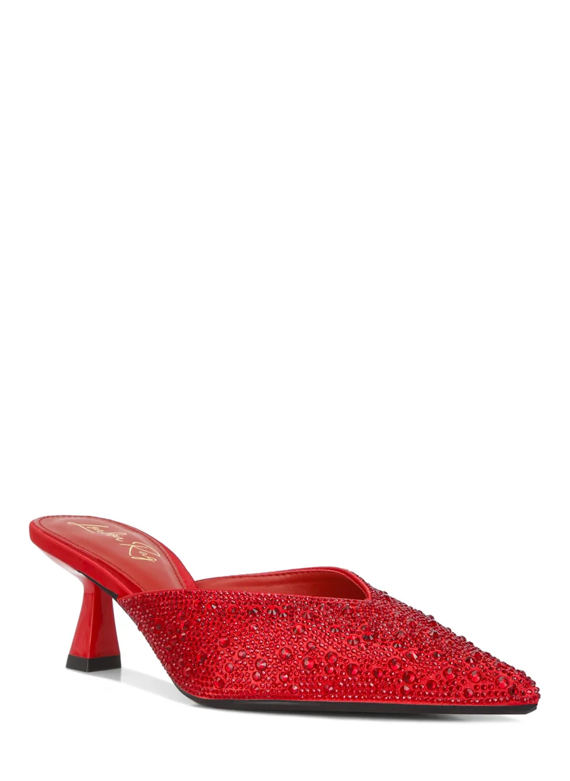 London Rag Rhinestones Embellished Satin Mules in Red