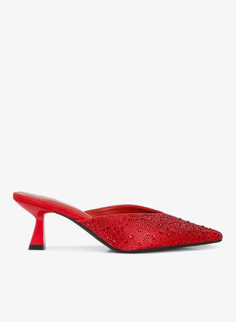 Rhinestones Embellished Satin Mules in Red