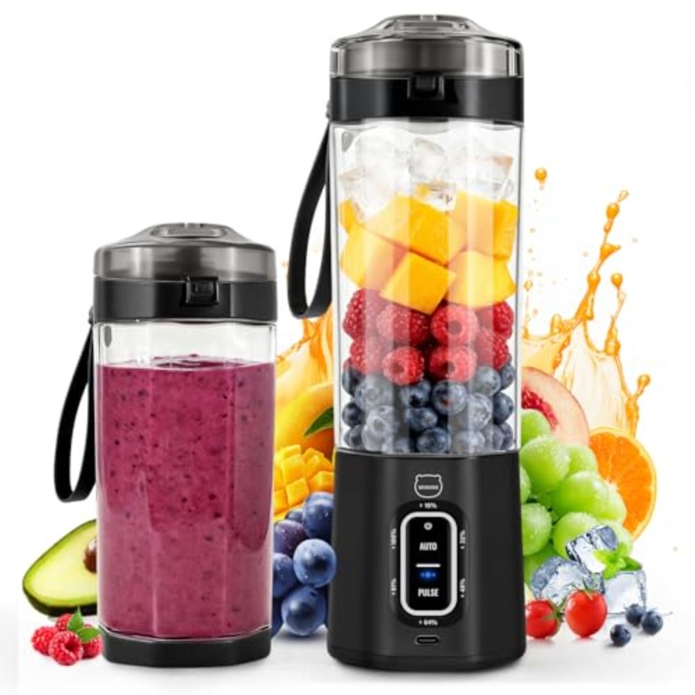 Portable smoothie blender for travel and home use, ABS plastic body in black, featuring 700 ML capacity, rechargeable battery, automatic and pulse modes, 6 stainless steel blades, includes travel cup and leak-proof lid