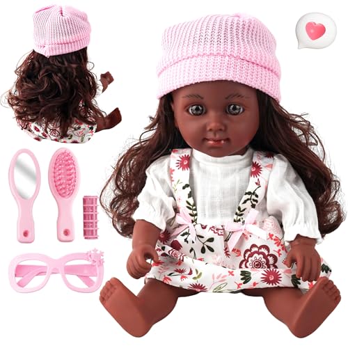 SMILESSKIDDO Baby Doll 12 inch Black Interactive Talking Doll with Hair Mirror Comb Accessories Soft Vinyl Body Sounds Perfect Pretend Play Toy for Toddlers Girls 2 3 4 5 6 - Image 1