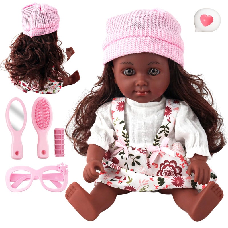 SMILESSKIDDO Baby Doll 12 inch Black Interactive Talking Doll with Hair Mirror Comb Accessories Soft Vinyl Body Sounds Perfect Pretend Play Toy for Toddlers Girls 2 3 4 5 6 - Image 3