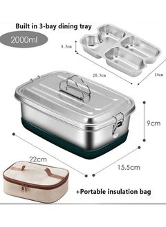 Golden Bento Box,Leakproof Lunch Box with 2 Compartment,2000mL Bento Lunch Box with Handle,Reusable Metal Food Salad Box Lunch Container for Home Office School  - Image 2