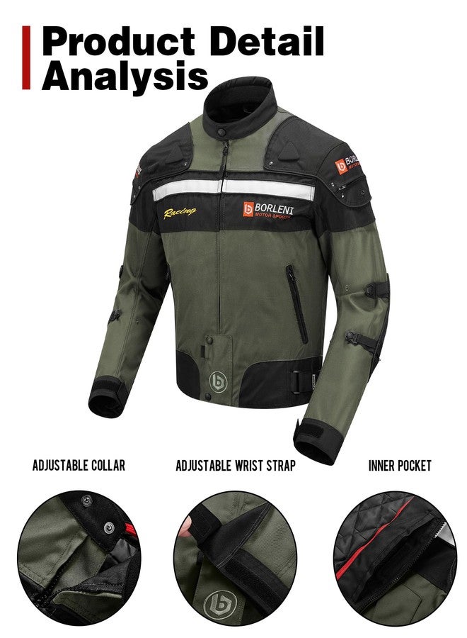 BORLENI Motorcycle Jacket Windproof Motorcycle Full Body Protective Gear CE Armor Suitable for All Seasons,Green,M - Image 3