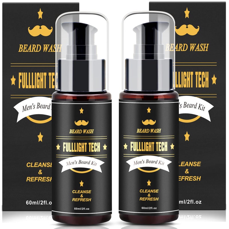 FULLLIGHT TECH Men's 2 Pack Beard Care Kit - Argan Oil & Jojoba Oils Shampoo, Rosemary Extract for Clean, Moisturizing and Nourishing Mustache & Beard Growth - Image 1