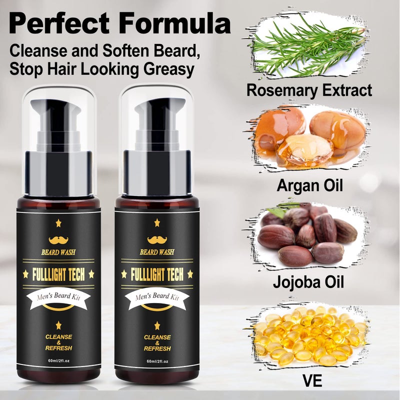 FULLLIGHT TECH Men's 2 Pack Beard Care Kit - Argan Oil & Jojoba Oils Shampoo, Rosemary Extract for Clean, Moisturizing and Nourishing Mustache & Beard Growth - Image 2