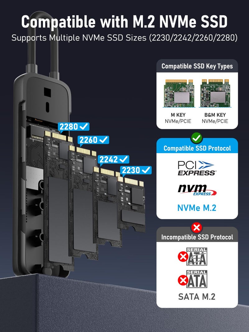 Lemorele M.2 NVMe SSD Enclosure, 10Gbps USB-C 3.2 Gen 2 M.2 NVMe PCIe External Enclosure Adapter, Tool-Free, for M-Key & B&M Key Solid State Drives 2230/2242/2260/2280, Realtek RTL9210 Chipset - Image 3