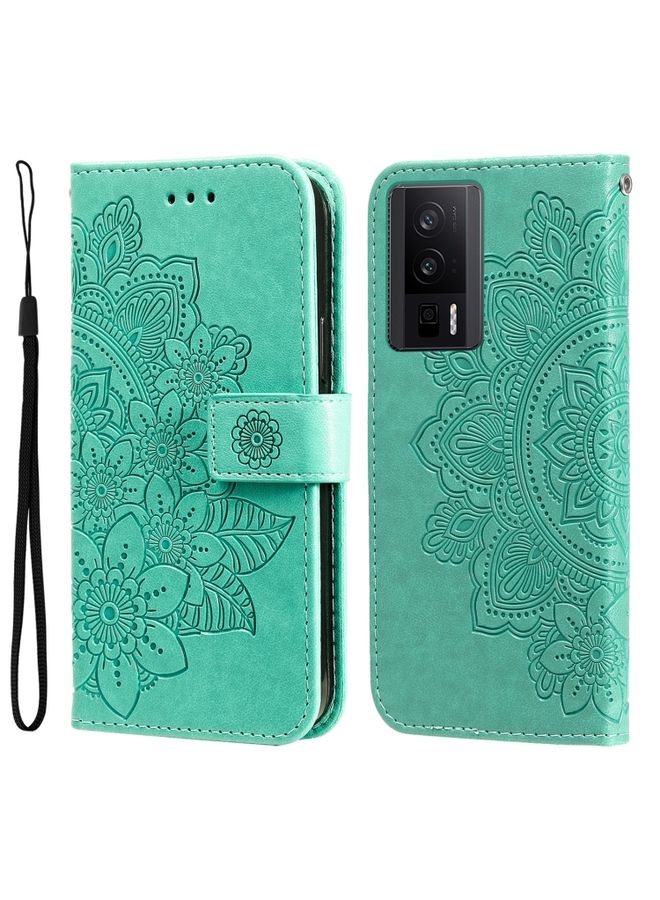 Case Cover For Xiaomi Redmi K60/K60 Pro 7-petal Flowers Embossing Leather Phone Case Green