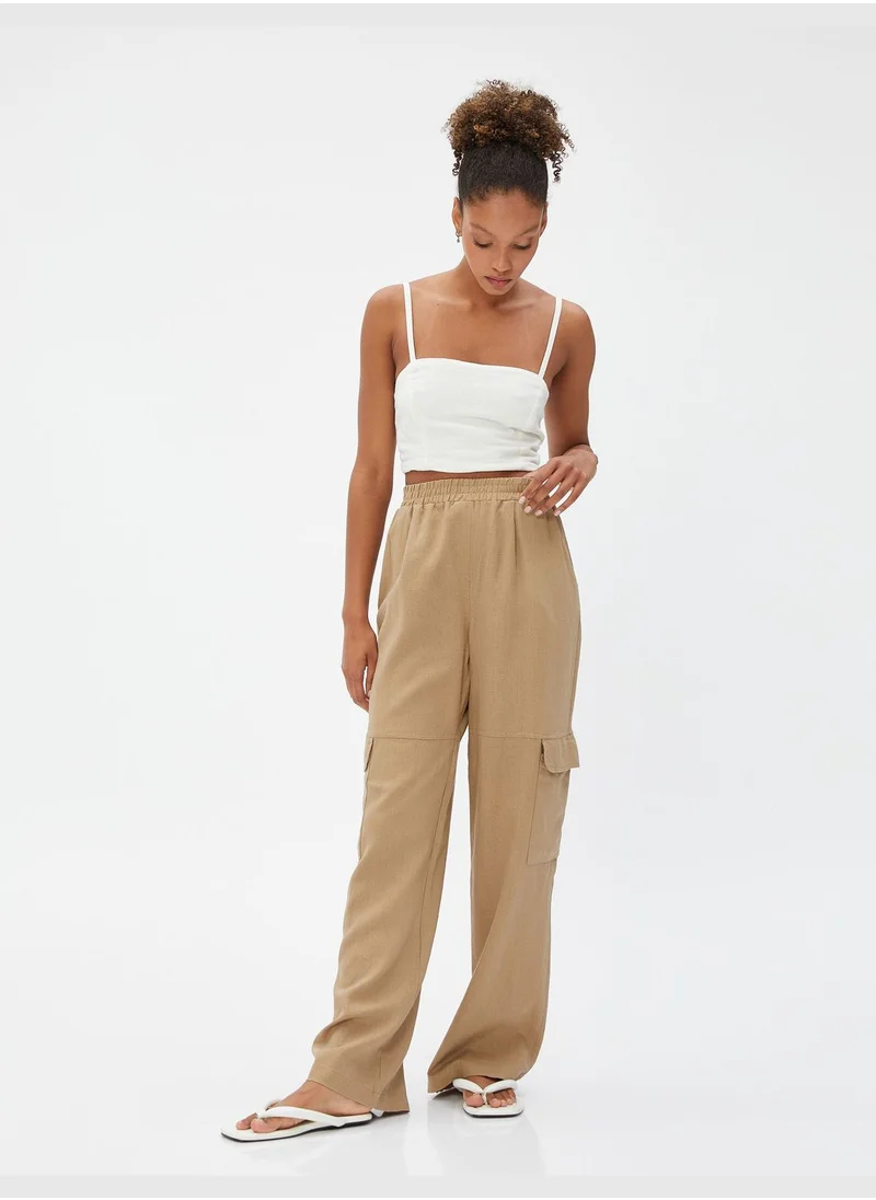 KOTON Pocket Detail Linen Mix Regular Elastic Waist Cargo Trousers