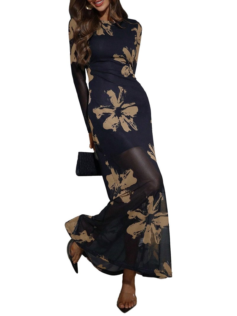 Verdusa Women's Floral Mesh Maxi Dresses Elegant Formal Long Sleeve Spring Wedding Guest Dress Cocktail Dark Blue Small - Image 1