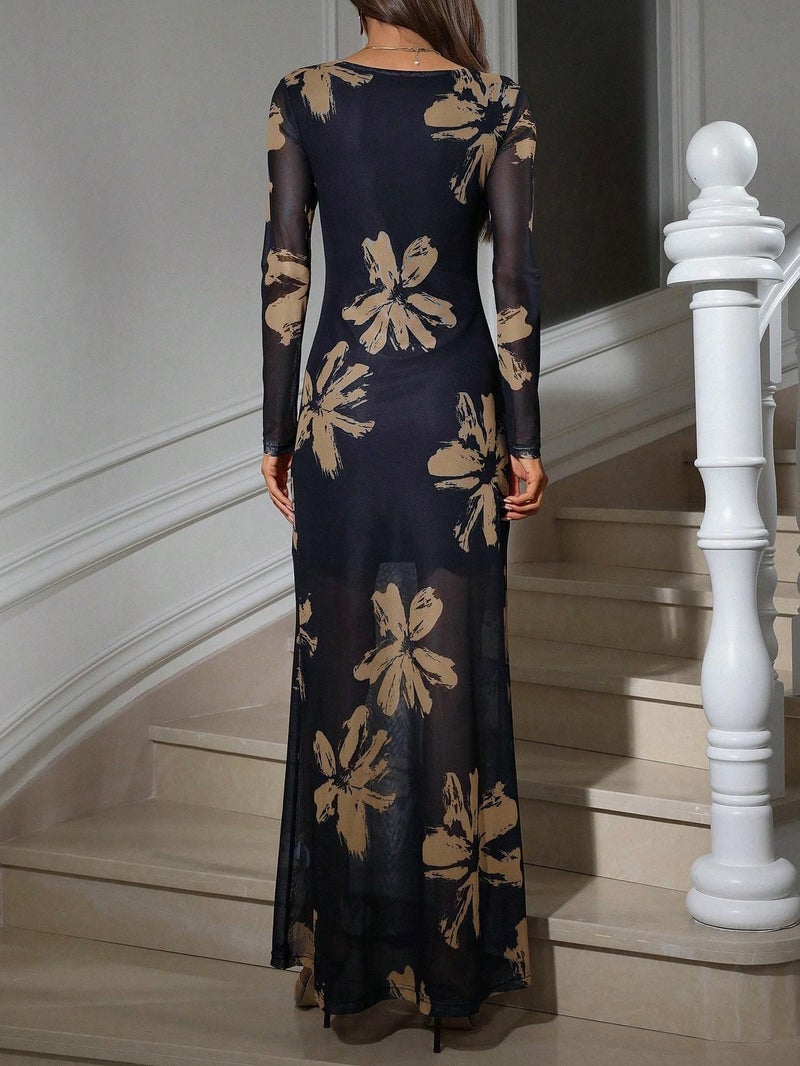 Verdusa Women's Floral Mesh Maxi Dresses Elegant Formal Long Sleeve Spring Wedding Guest Dress Cocktail Dark Blue Small - Image 3