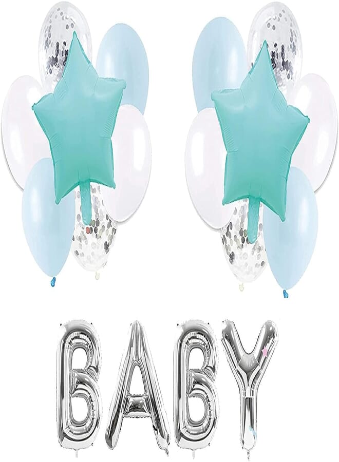 Secret hello BABY Balloon Baby Shower Party Decorations, Script Phrase Foil Balloon for New Born Baby Theme Party Supplies, Baby Shower backdrop, Pastel Blue Star Balloons and Ribbon