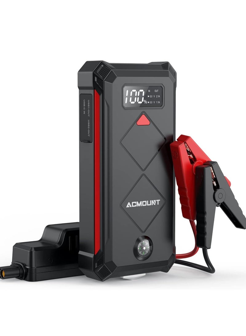 بطارية تشغيل سيارات 12000mAh قابلة للشحن، باور بانك محمول مع كشاف LED للطوارئ، شاحن USB سريع، جهاز تقوية بطارية 12 فولت للسيارات والدراجات والشاحنات وSUV، مدمج للاستخدام الخارجي والتخييم مع وظائف حماية متعددة