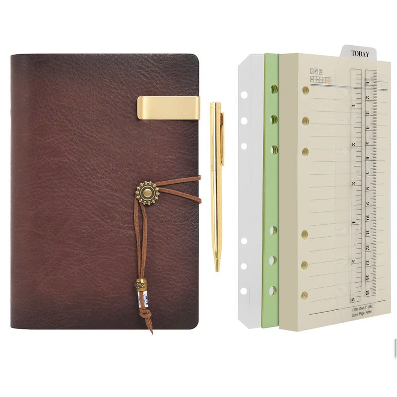 WONDERPOOL Leather Journal A6 Refillable 6 Ring Binder Notebook with Lined Paper and Pen,Writing Diary for Work Travel and Agenda Plan (A6, Brown)