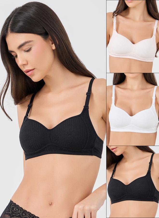 Styli Pack of 3 - Floral Jacquard Rib Padded Non-Wired T-Shirt Bra - Image 1