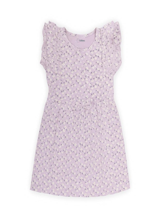Kidbea® Girls Cotton Frock | Floral Printed Dress with Ruffle Sleeves | Soft & Breathable Summer Wear | Casual & Trendy Dress (Lavender, 2-3 Years) - Image 2