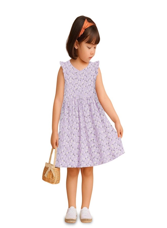 Kidbea® Girls Cotton Frock | Floral Printed Dress with Ruffle Sleeves | Soft & Breathable Summer Wear | Casual & Trendy Dress (Lavender, 2-3 Years) - Image 1