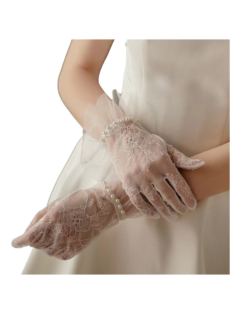 NOVOLAN Women's Lace Gloves - Elegant Short Lace Net Gloves for Bridal Wear - Sheer Delicate Lace Pearl Gloves for Weddings, Formal Events, Tea Parties, Opera, for Bridal Gowns (Off-white)  - Image 1