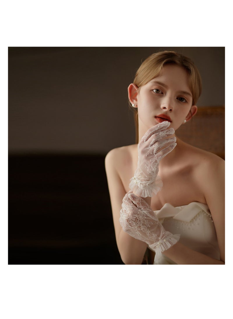 NOVOLAN Women's Lace Gloves - Elegant Short Lace Net Gloves for Bridal Wear - Sheer Delicate Lace Pearl Gloves for Weddings, Formal Events, Tea Parties, Opera, for Bridal Gowns (Off-white)  - Image 5