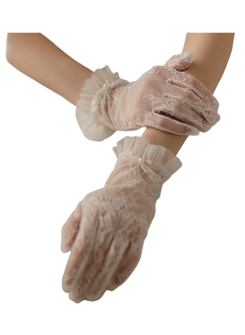 NOVOLAN Women's Lace Gloves - Elegant Short Lace Net Gloves for Bridal Wear - Sheer Delicate Lace Pearl Gloves for Weddings, Formal Events, Tea Parties, Opera, for Bridal Gowns (Off-white)  - Image 2