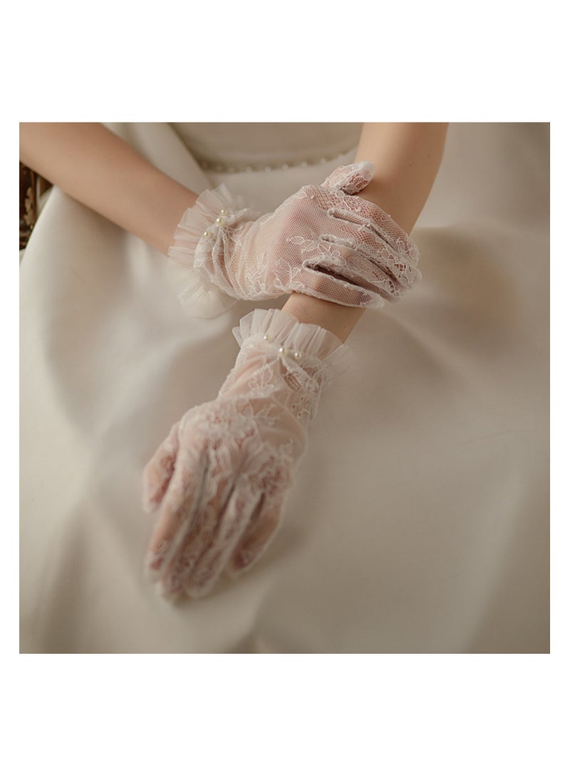 NOVOLAN Women's Lace Gloves - Elegant Short Lace Net Gloves for Bridal Wear - Sheer Delicate Lace Pearl Gloves for Weddings, Formal Events, Tea Parties, Opera, for Bridal Gowns (Off-white)  - Image 4