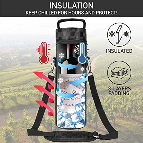opux Wine Bag Single Bottle Carrier Tote, Insulated Wine Cooler Bag for Travel Picnic Beach with Shoulder Strap, Thermal One Bottle Holder Carrying Case Wine Gift for Women Men, Black Squares - Image 2
