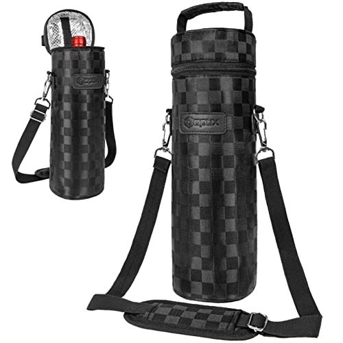 opux Wine Bag Single Bottle Carrier Tote, Insulated Wine Cooler Bag for Travel Picnic Beach with Shoulder Strap, Thermal One Bottle Holder Carrying Case Wine Gift for Women Men, Black Squares - Image 1